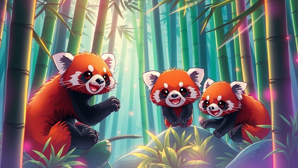Playful Red Pandas in Fiberoptic Bamboo Forest