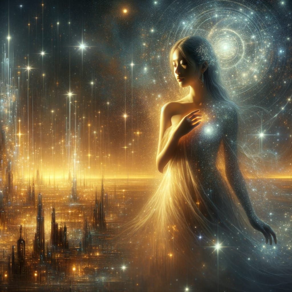 Gentle Futuristic Goddess Under Starlight