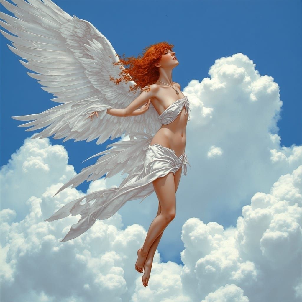 Red-Haired Angel Soaring Above Clouds as Digital Art