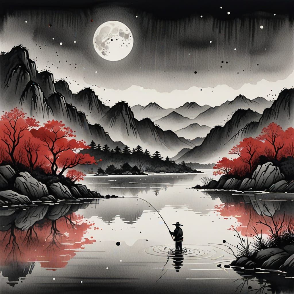 Korean Ink Illustration: Fisherman by Moonlight