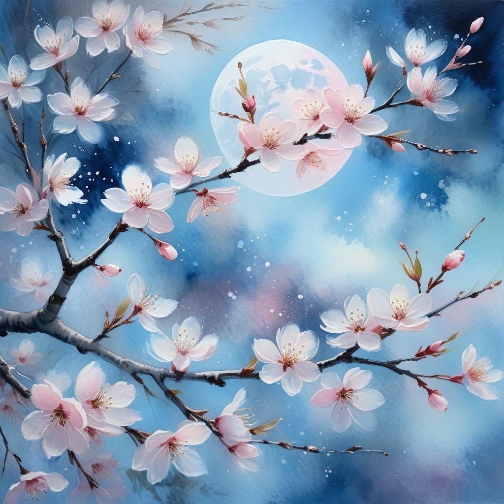 Moonlit Cherry Blossoms: Watercolor Painting