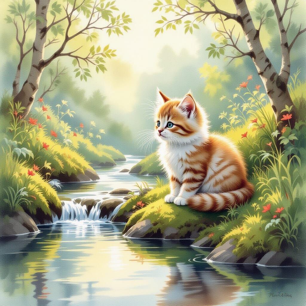 Fluffy Kitten by Brook in Watercolor Style
