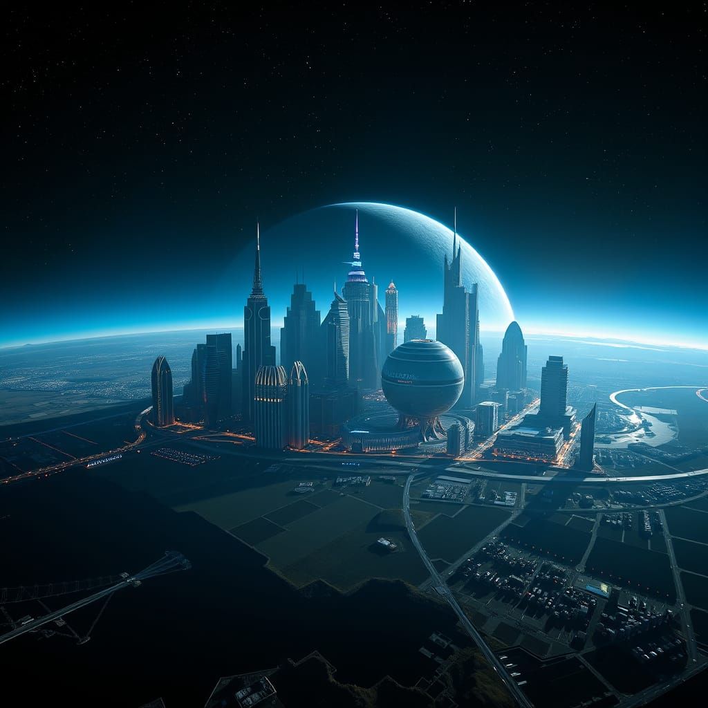 Futuristic Cityscape in Space with Blue Light Activity