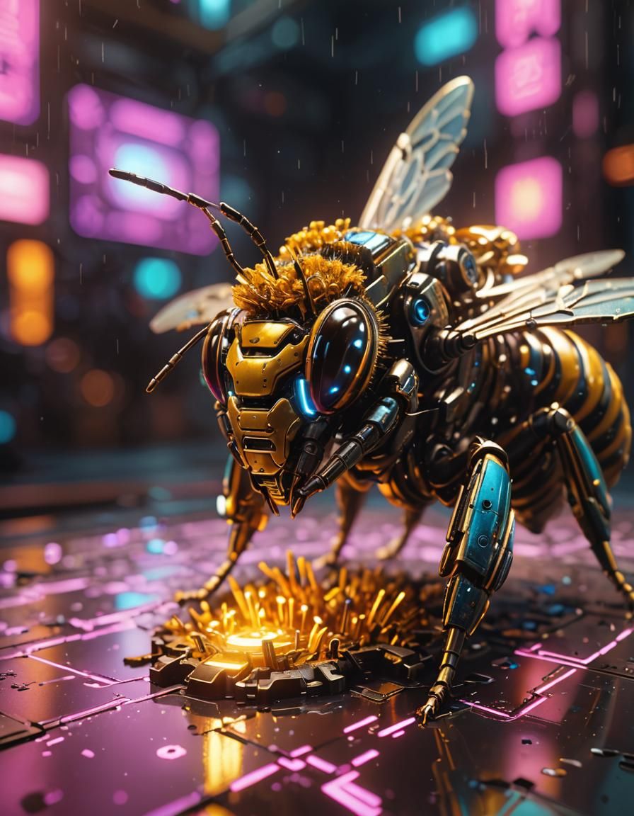 Cyberpunk Bee Mech Ground Level in 8K