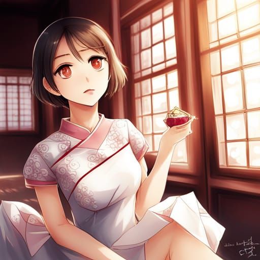 Girl in Qipao: Anime-Style Digital Art