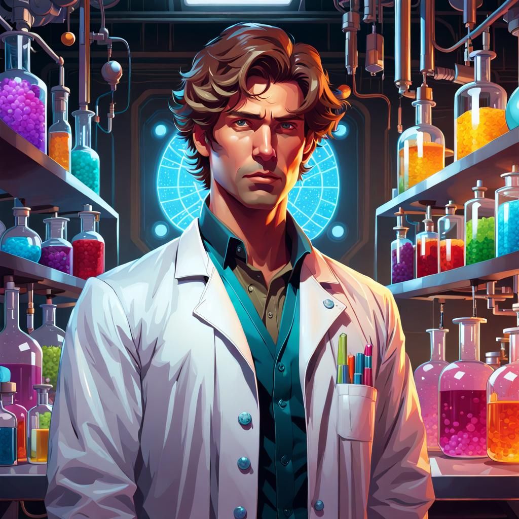 Chemist Portrait with Colorful Chemicals in Art Deco Style