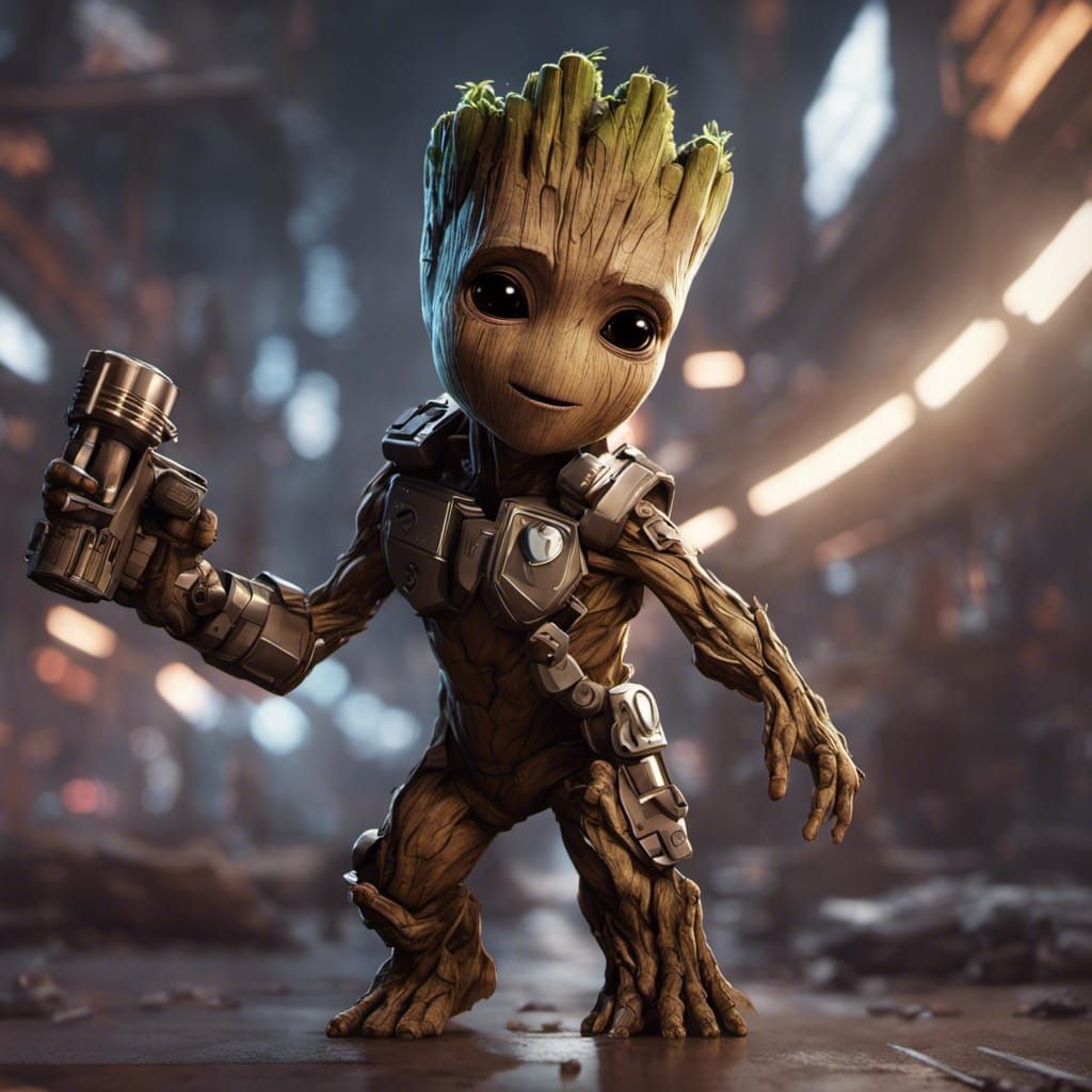 Baby Groot with Grenade: Hyperrealistic Octane Render