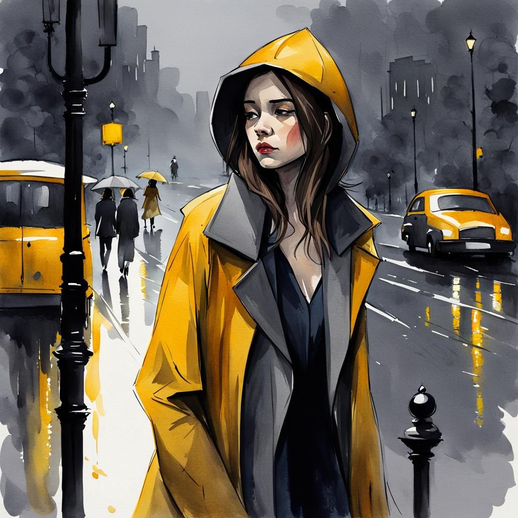 Melancholic Woman in Rainy Street: Watercolor Art