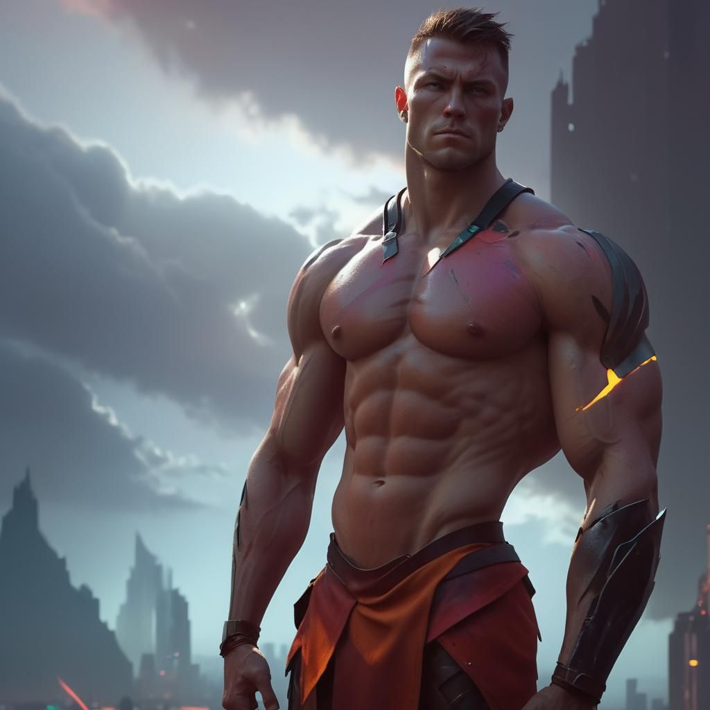 Muscular Warrior in a Cyberpunk Cityscape