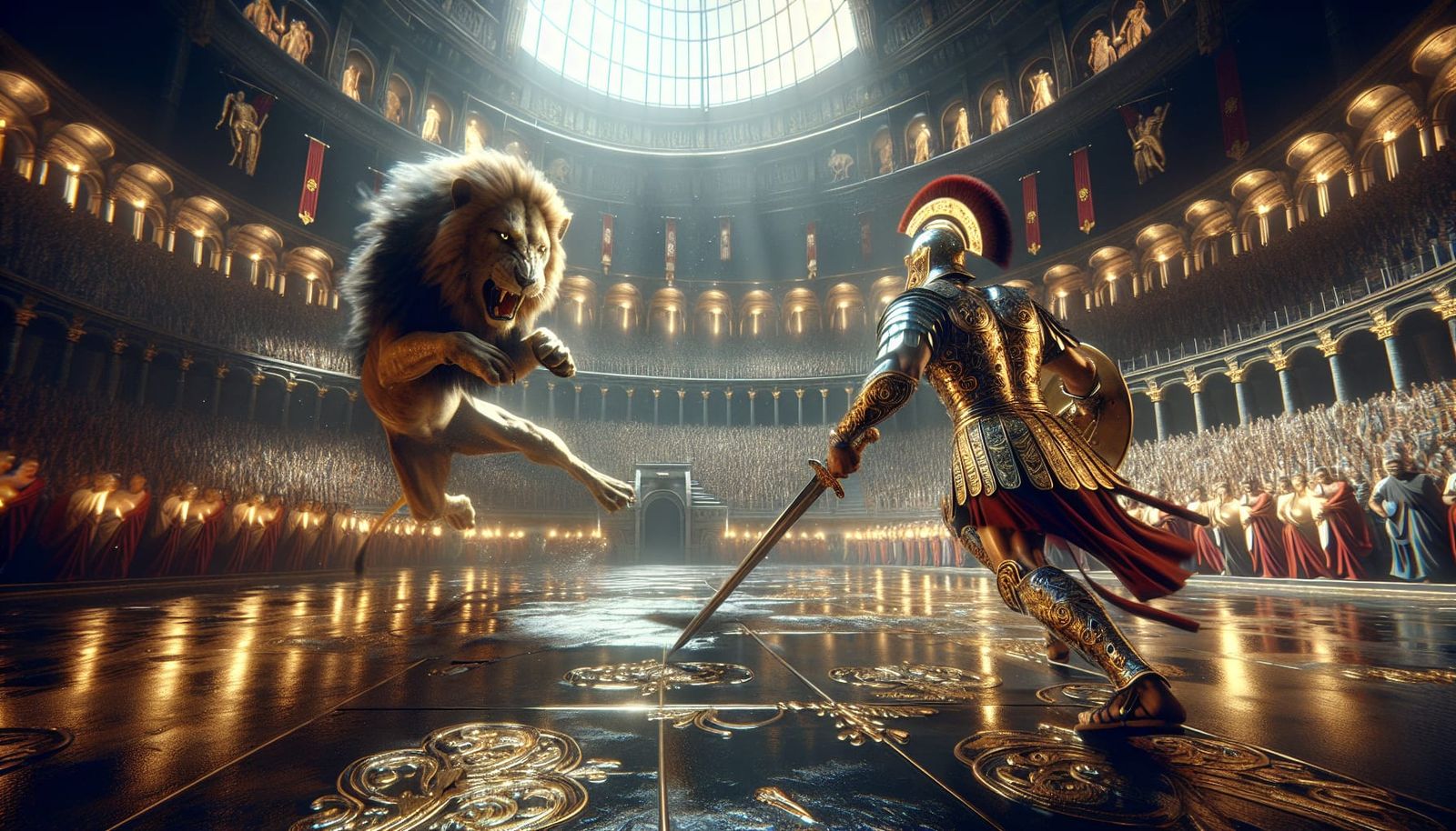 Hyper-Realistic Gladiator Battles Lion in Ancient Roman Stad...