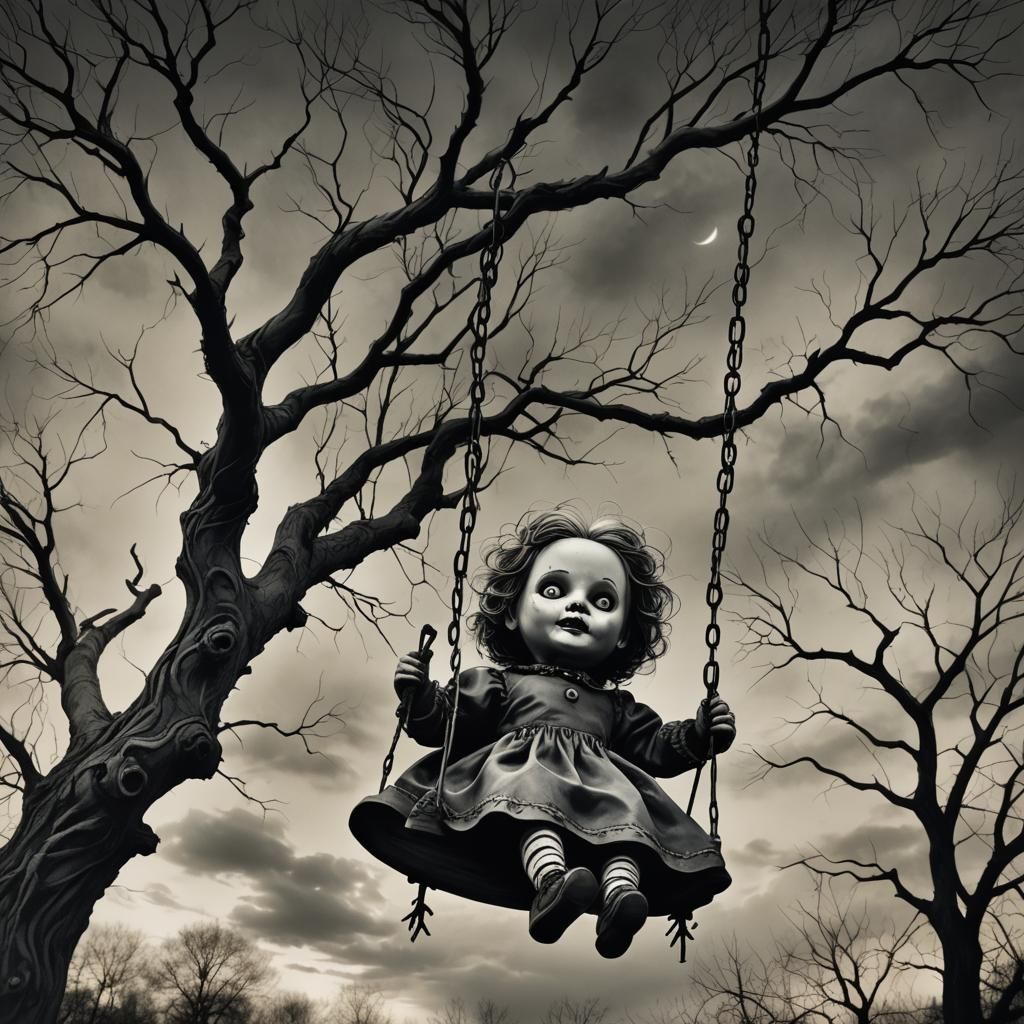 Eerie Evil Doll Charcoal Sketch in Moonlit Park