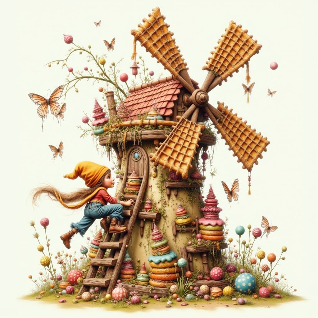 Whimsical Cake Windmill with Gnome in Watercolor Style