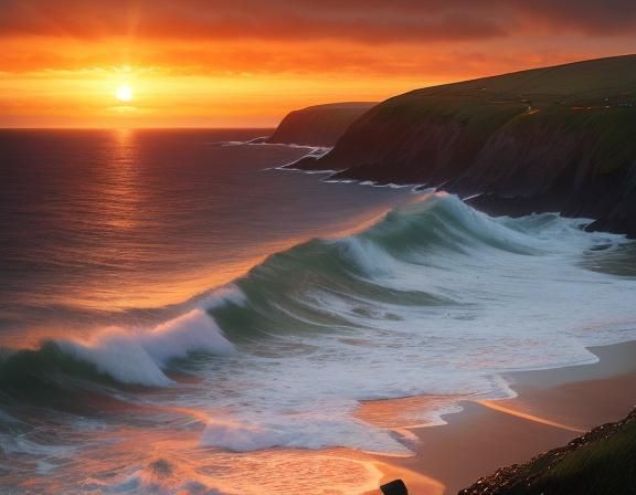 Hyperrealistic Irish Coastline at Sunset