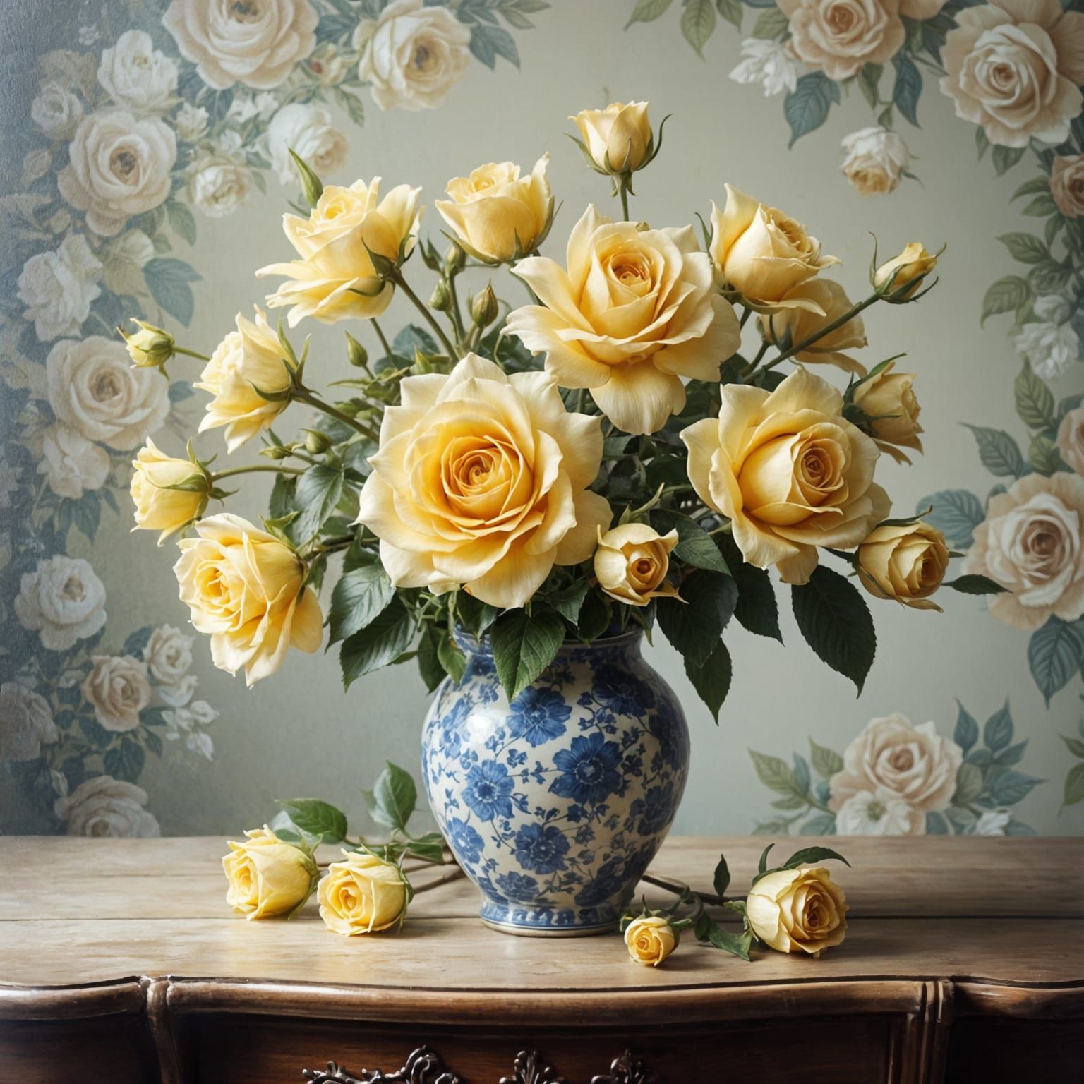 Yellow Rosebuds in Blue Vase with Misty Background