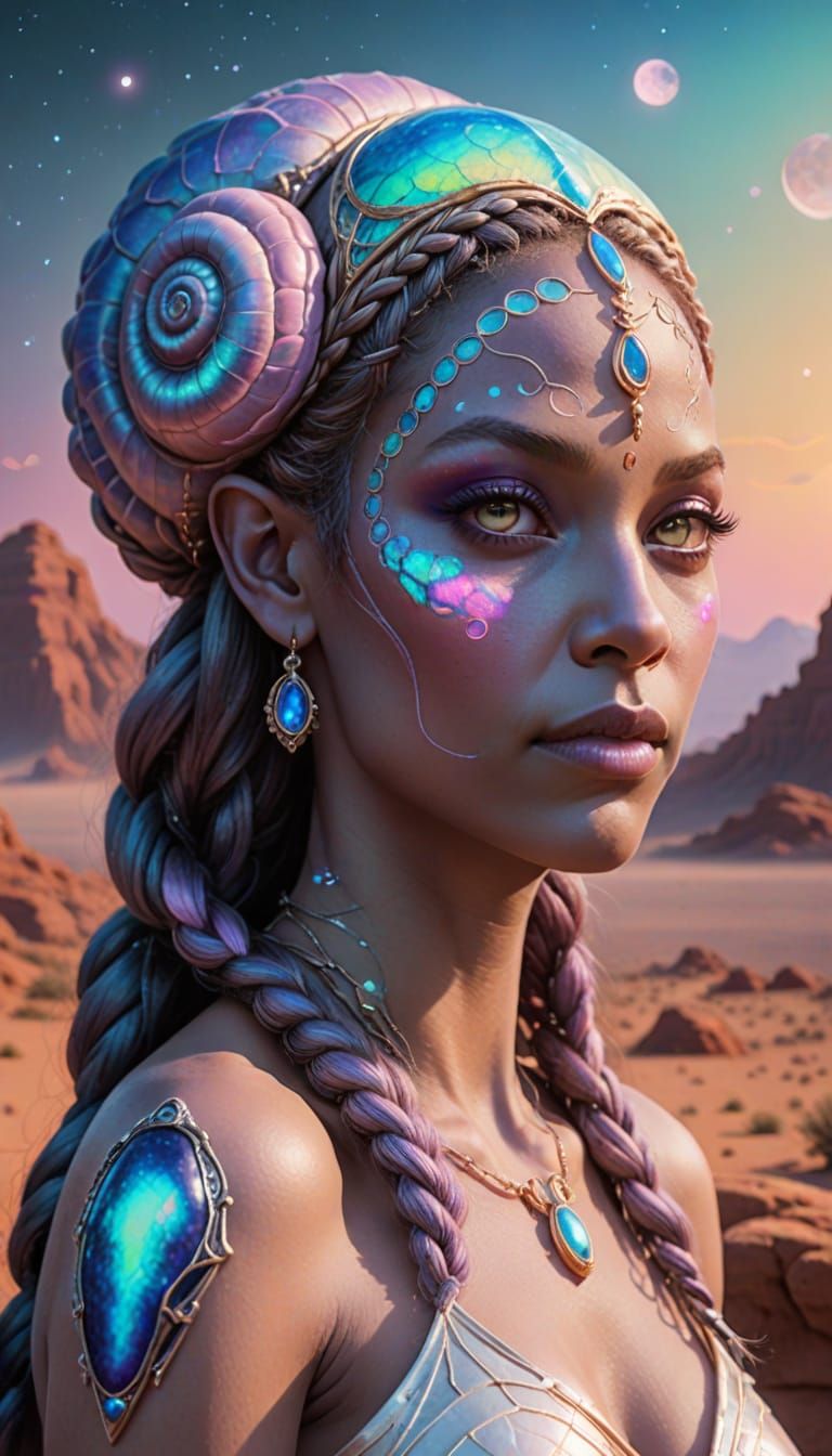 Alien Woman with Opal Skin and Snail Braids
