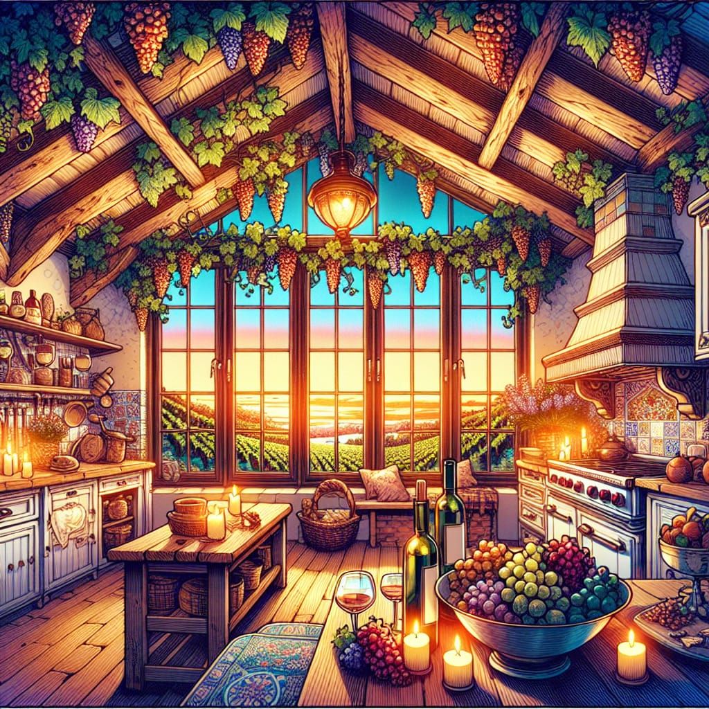 Cozy French Kitchen with Vineyard View, Vibrant Illustration