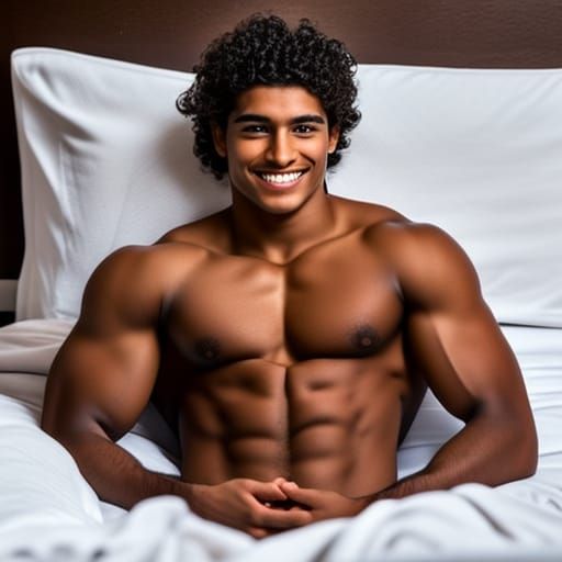 Handsome Bodybuilder in Bed, Hyperrealistic Image