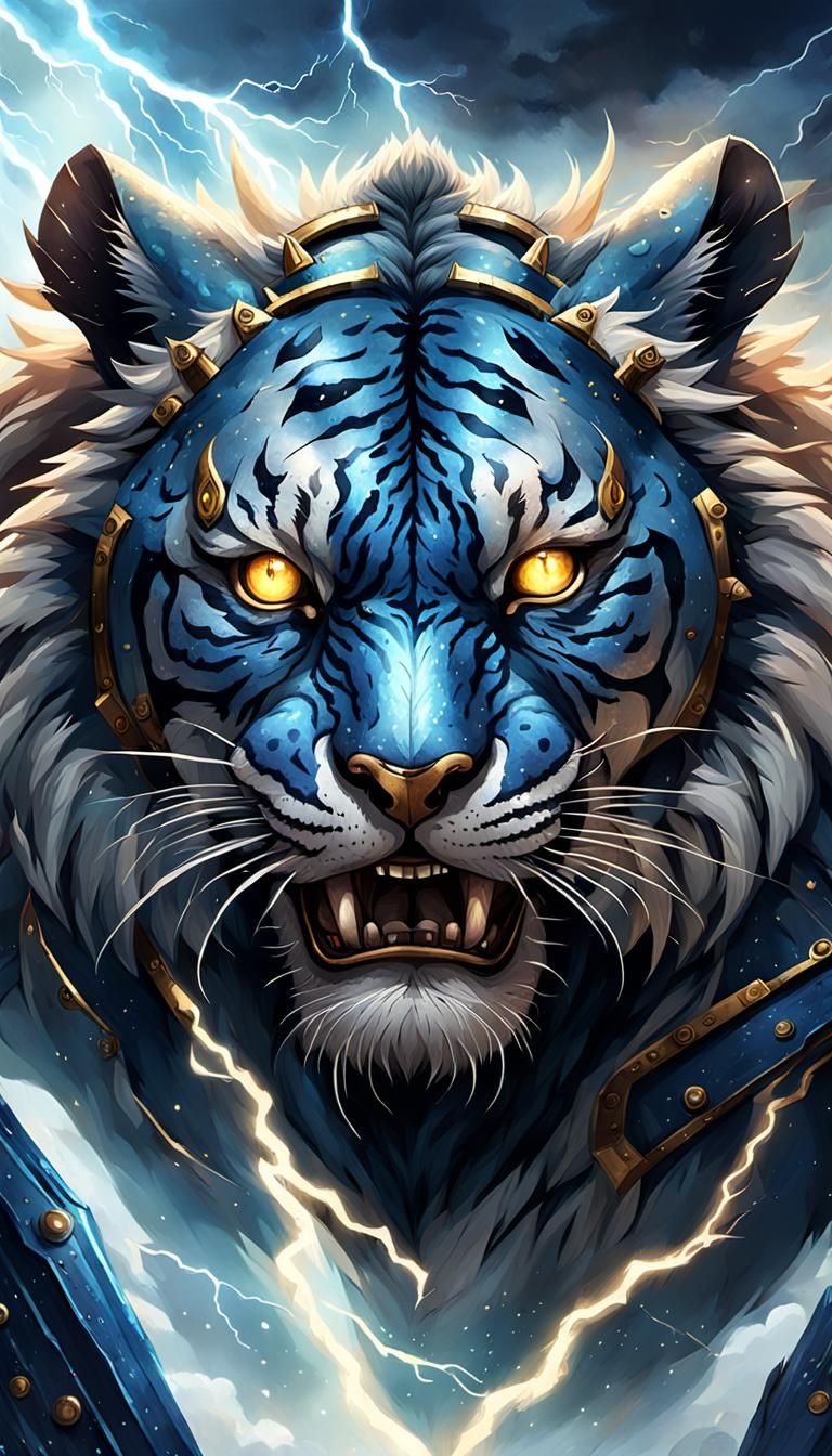Steampunk Tiger Monster in Dramatic Lightning Storm