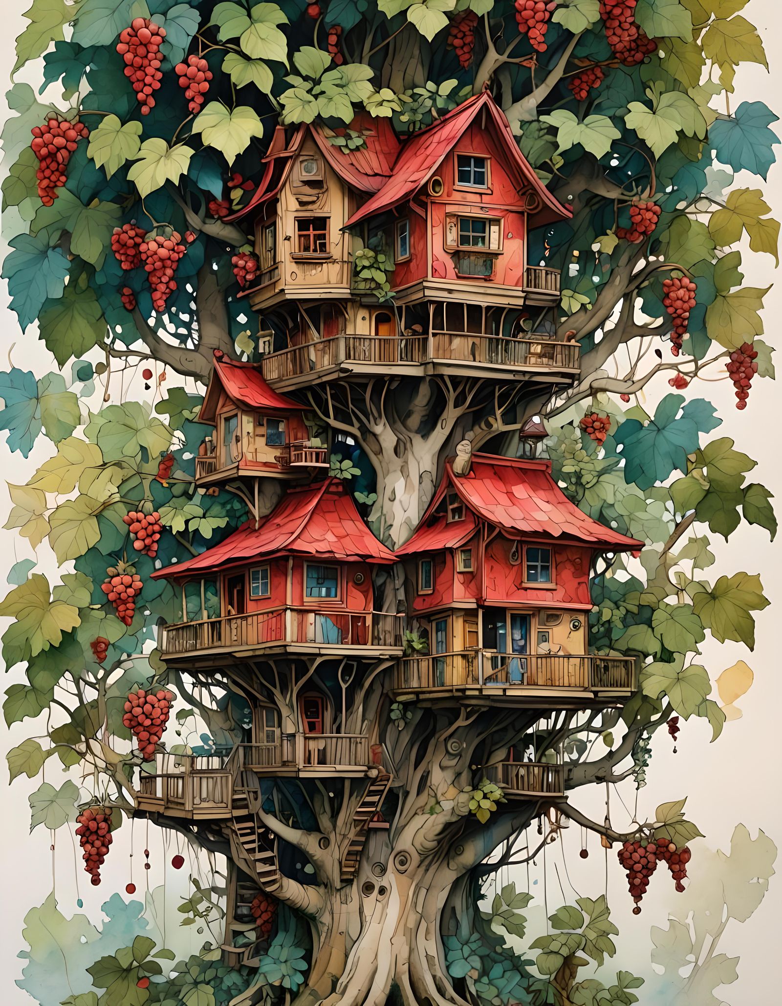 Grapes Treehouse: Intricate Colorful Gouache Painting