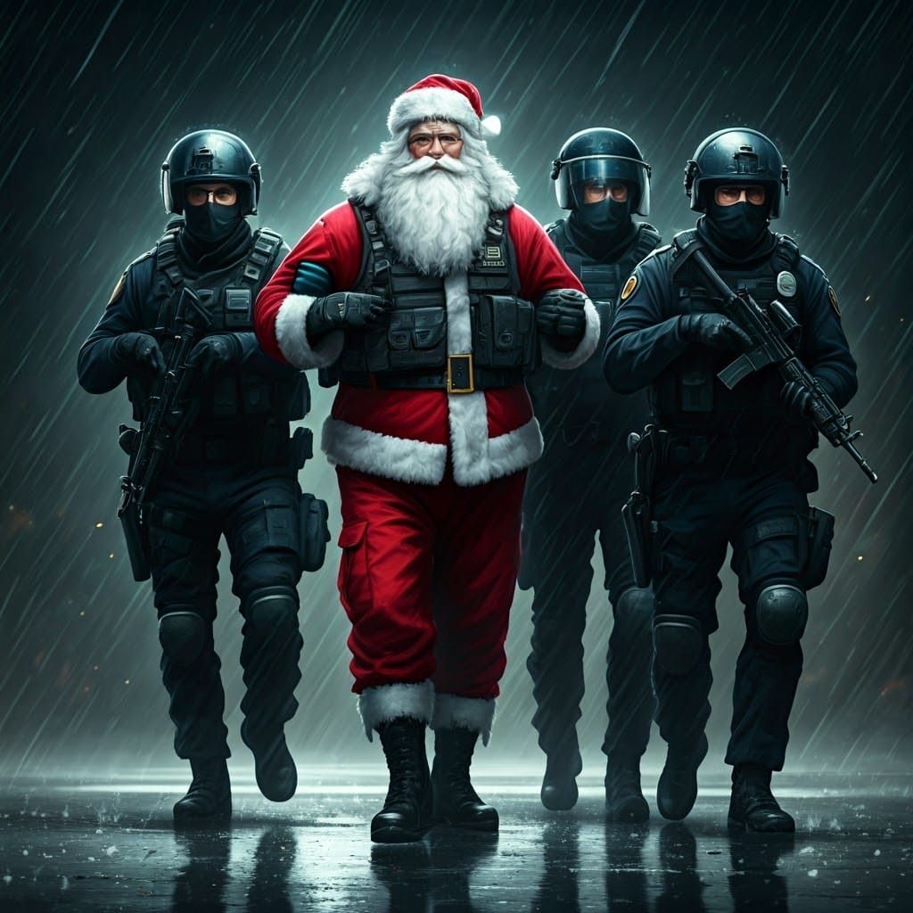Santa Claus in Riot Gear, Escorted by Heavily Armed Police