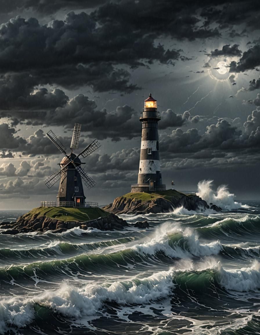 Hyperrealistic Coastal Lighthouse and Windmill at Night