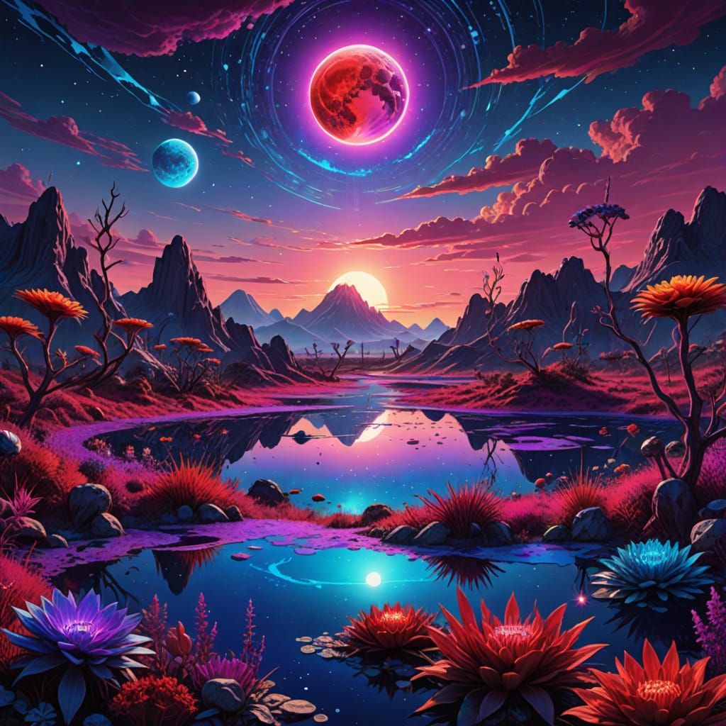 Alien Landscape with Purple Lake and Two Suns