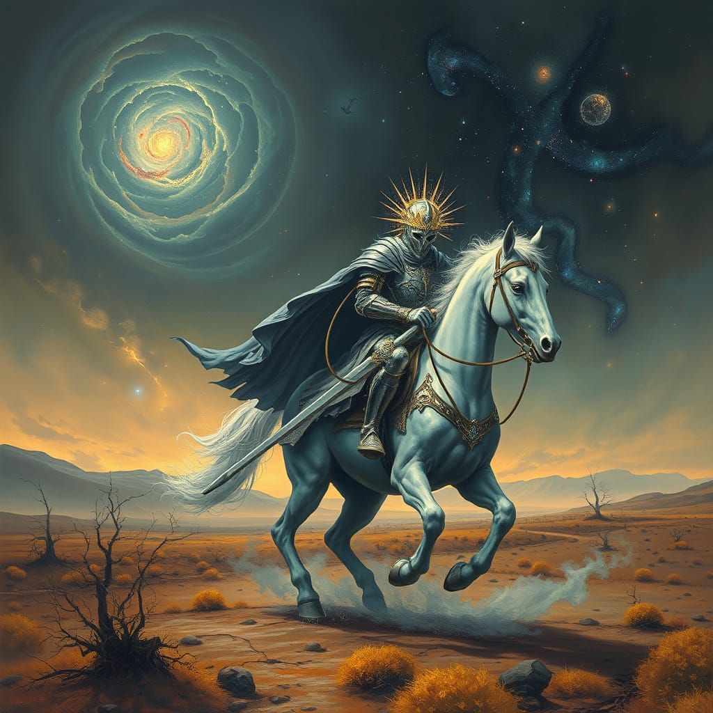 Spectral Knight Rides Phantom Steed Through Cosmic Autumn La...