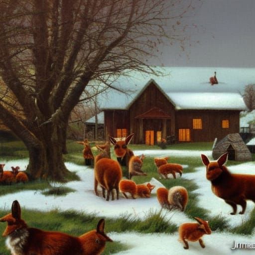 Festive Farmhouse Scene with Animals as Oil Painting