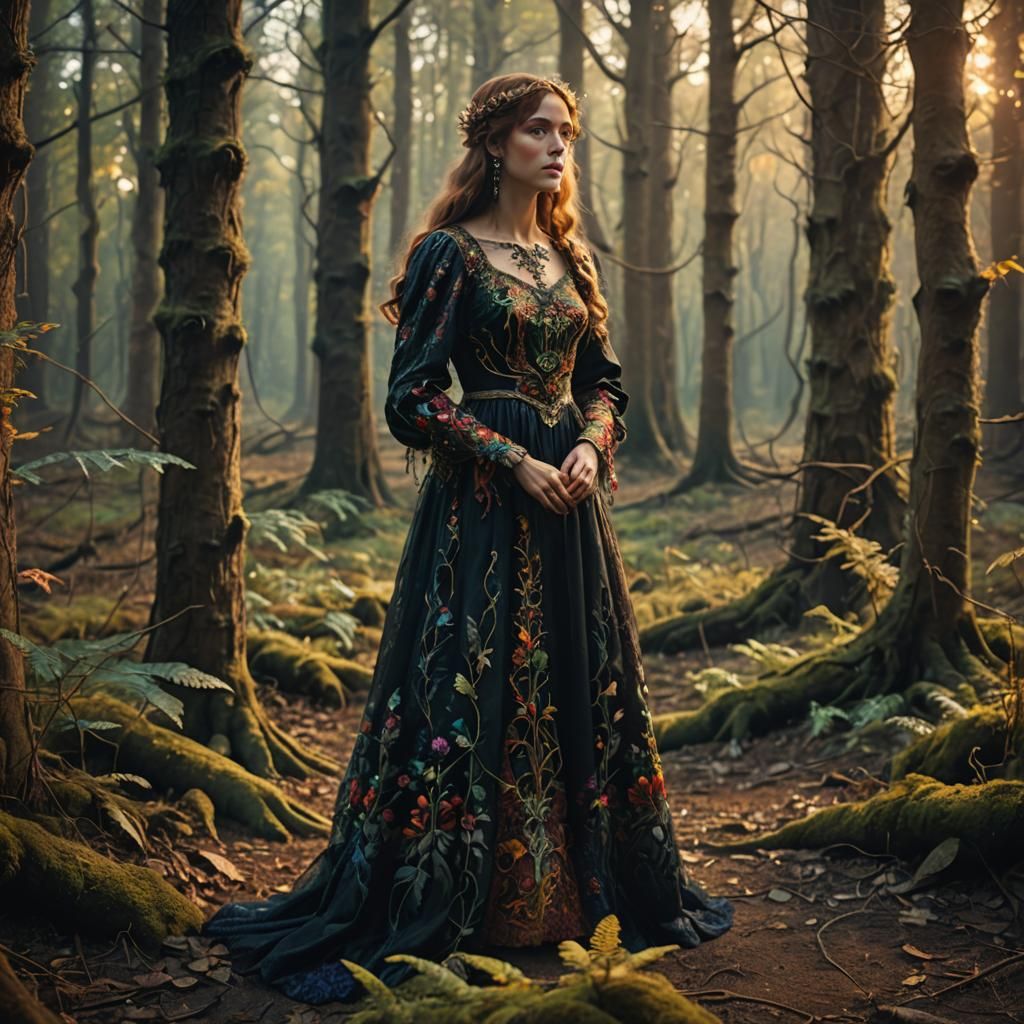 Mysterious Woman in Forest, Pre-Raphaelite Art