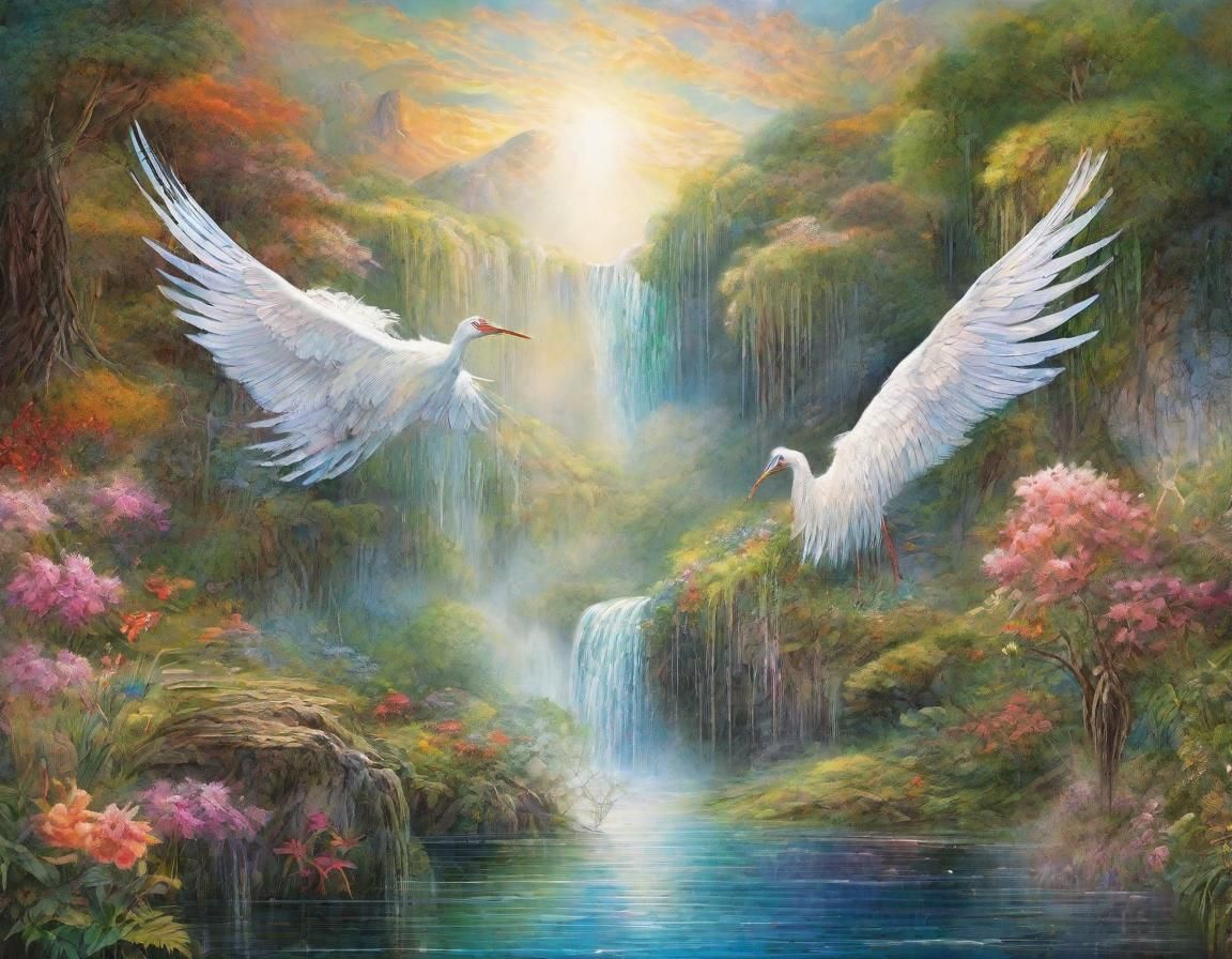 Dreamlike Stork Landscape in Vivid Colors