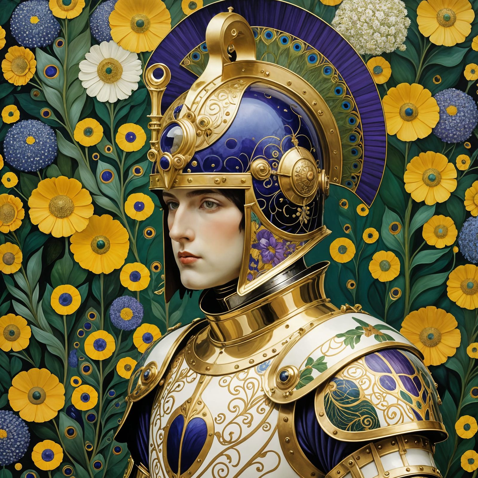 Ornate Knight in Gold Armor with Peacocks