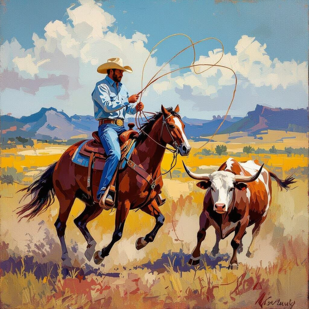 Cowboy Roping Steer: Abstract Art in Complementary Colors