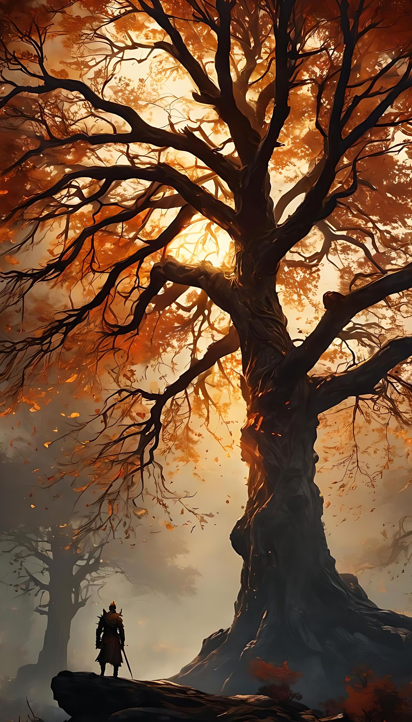 Epic Warrior Gazing at Golden Tree, Digital Watercolor