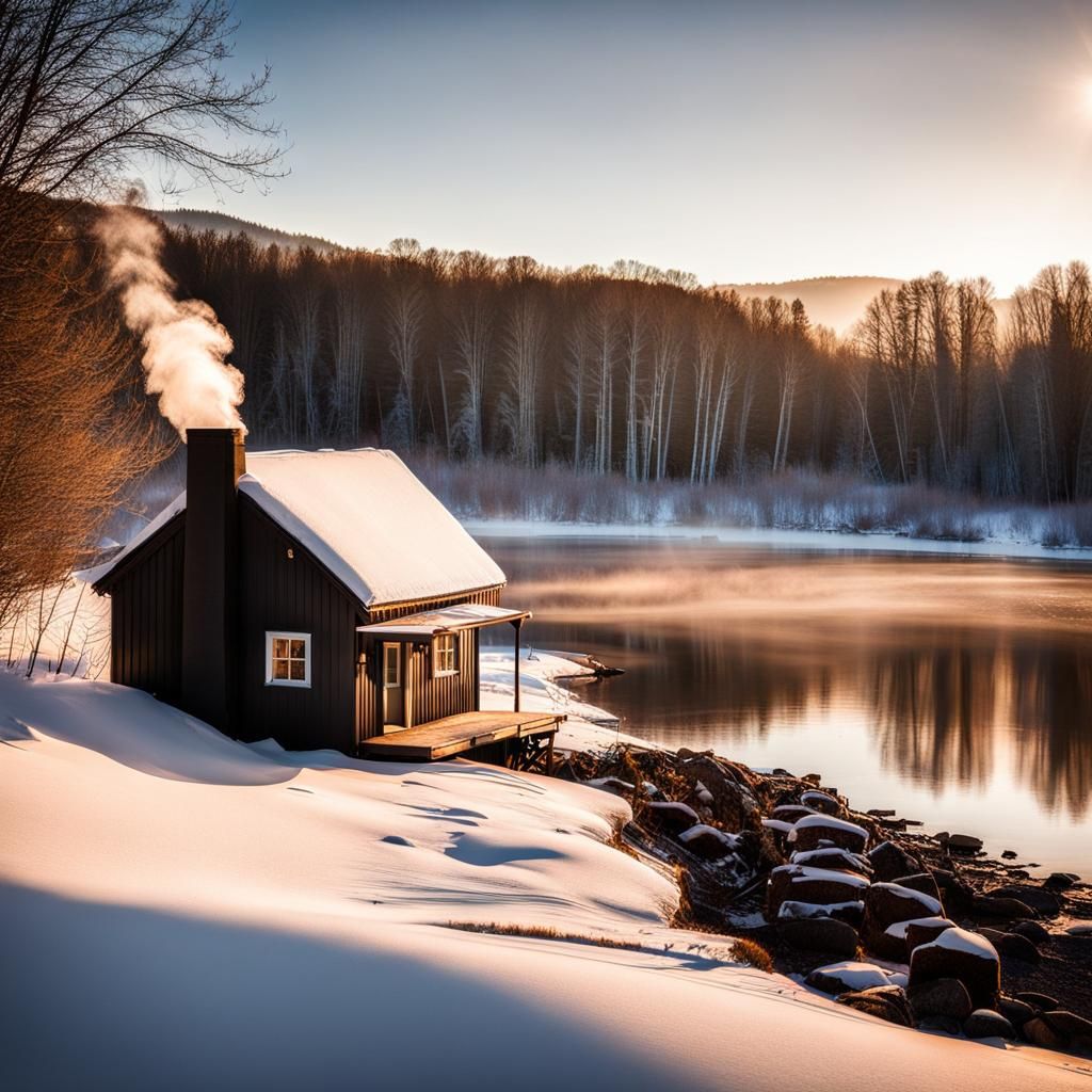 Smoking chimney Cabin on a Winter riverscape on a clear day ...