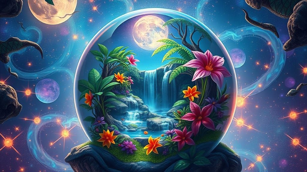 Whimsical Glass Sphere with Jungle Waterfall in Dreamlike Au...