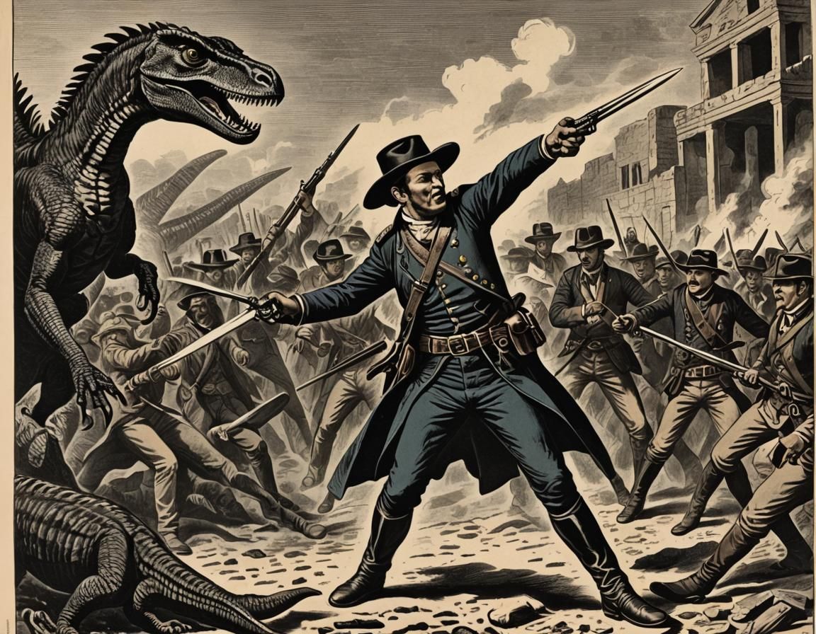 Velociraptor Attack at the Alamo: Woodcut Print