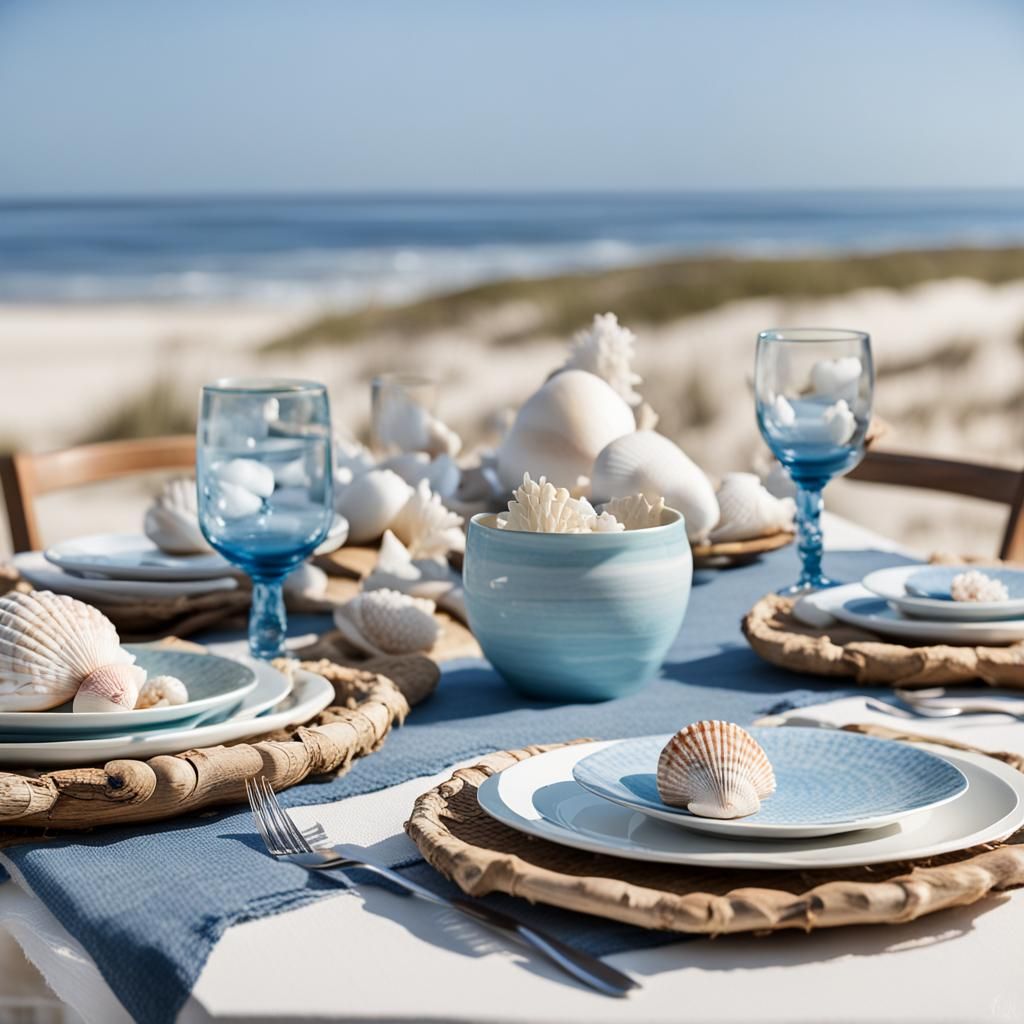 Coastal Beach Dining Table with Seashell Decor