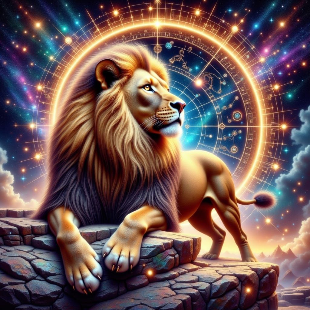 Mystical Brown Lion Under Starry Zodiac Skies