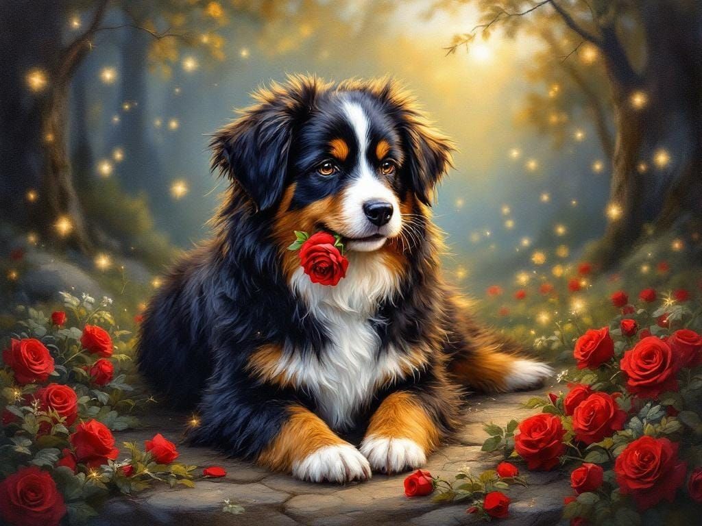 Bernese Mountain Dog with Rose: Oil Painting Style