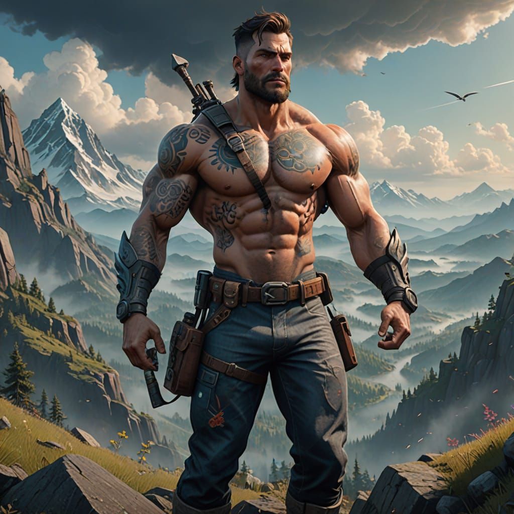 Chiseled Hero on Mountain Peak with Sport Nutrition