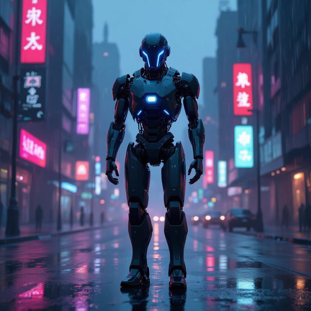 Futuristic Robot in Neon Cityscape at Twilight