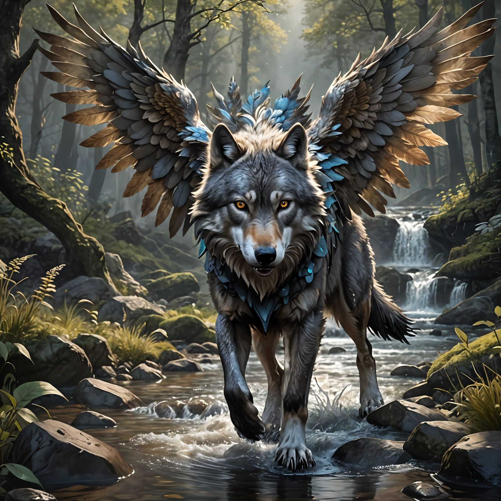 Winged Grey Wolf by Stream: Fantasy Concept Art