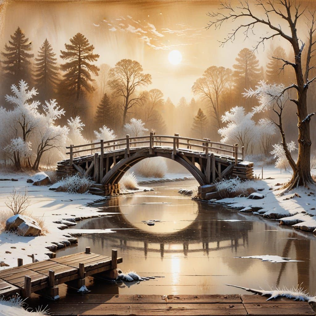 Ethereal Frost Covered Bridge in Grunge Art Style