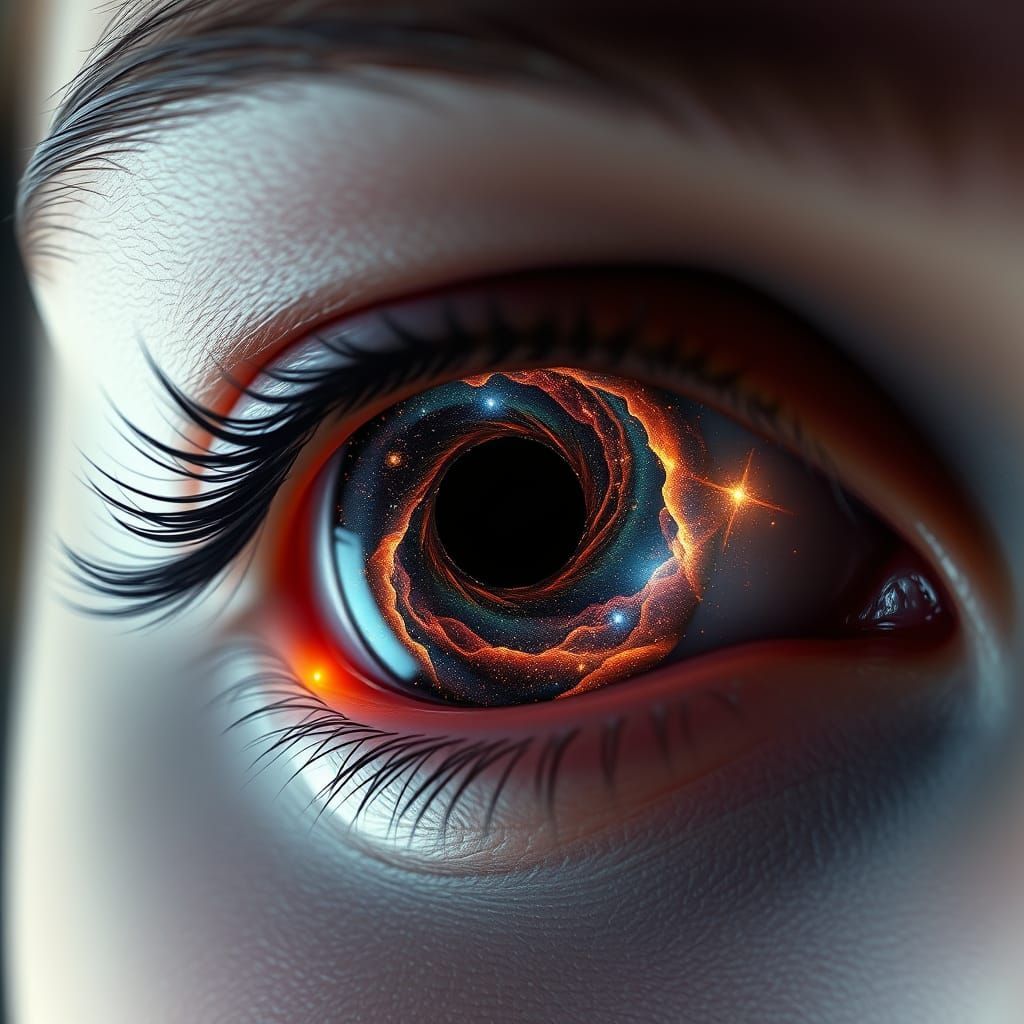 Close-Up of a Woman's Eye with a Swirling Black Hole and Cel...