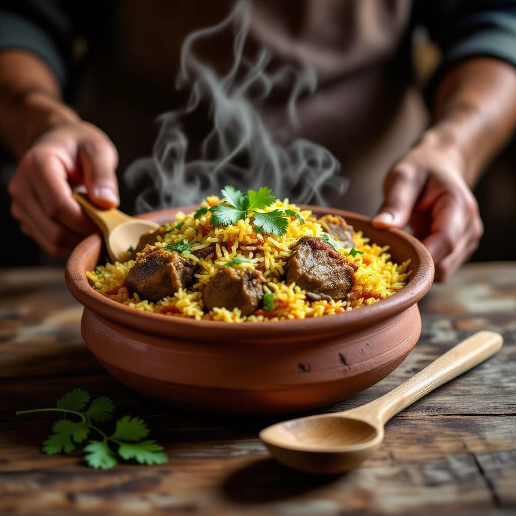 Authentic Mutton Biryani in Clay Handi, Rustic Kitchen Scene