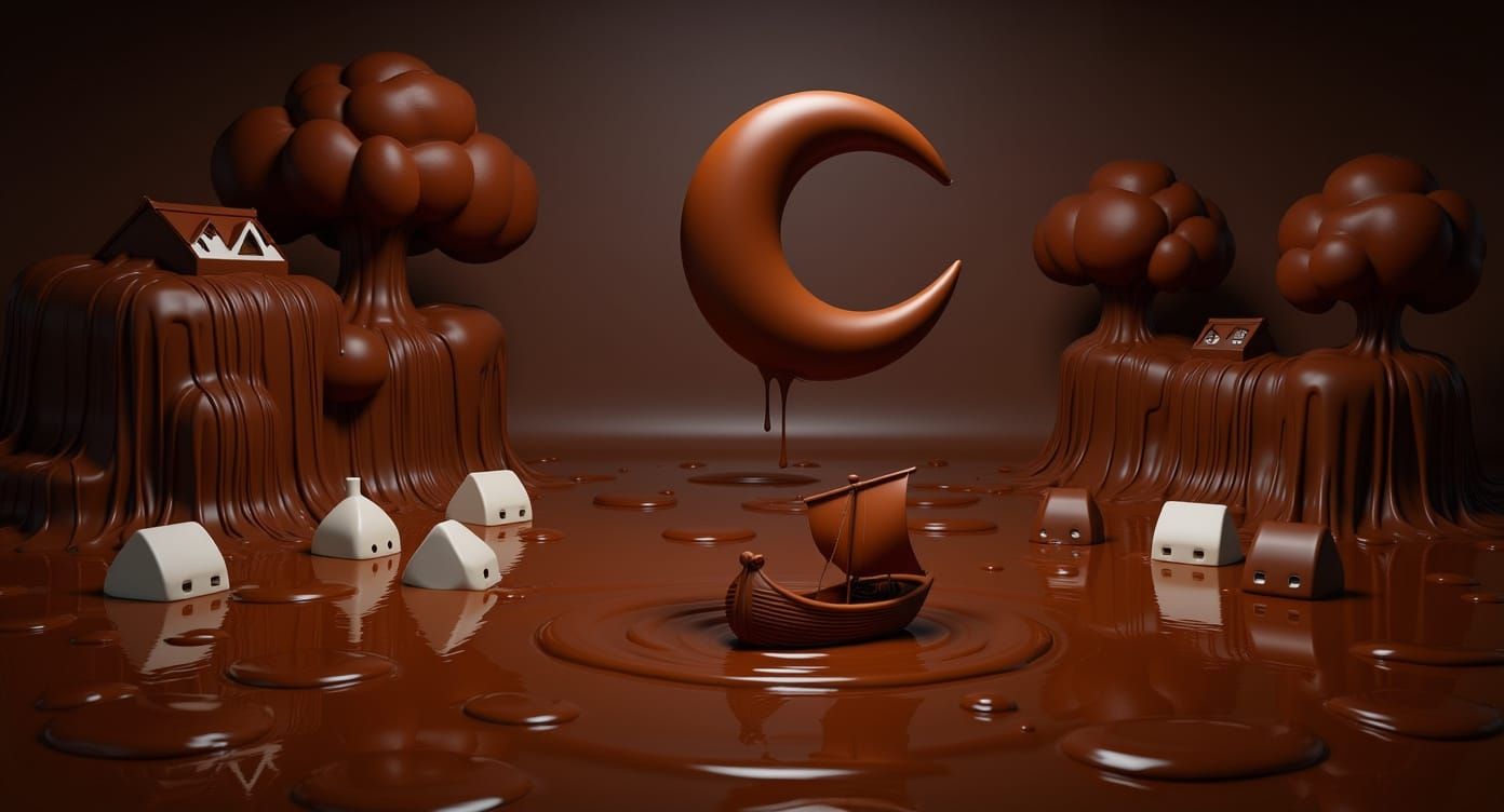 3D Chocolate Fantasy: Moon, Lake, and Sailboat Scene