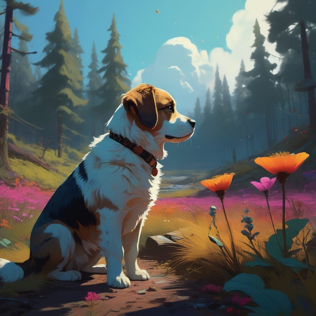 Whimsical Puppy Discovers Exotic Flower in Fantastical Fores...