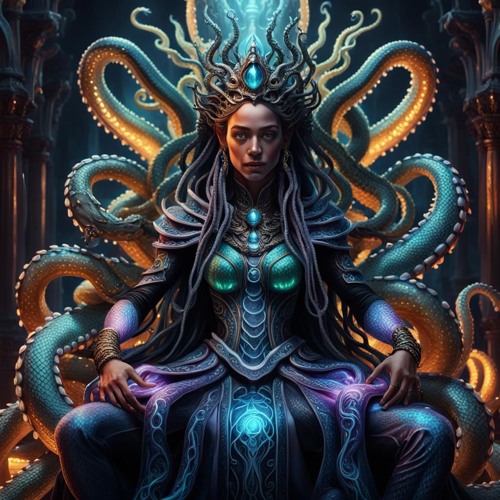 Witch Priestess on Octopus Throne: Fantasy Art