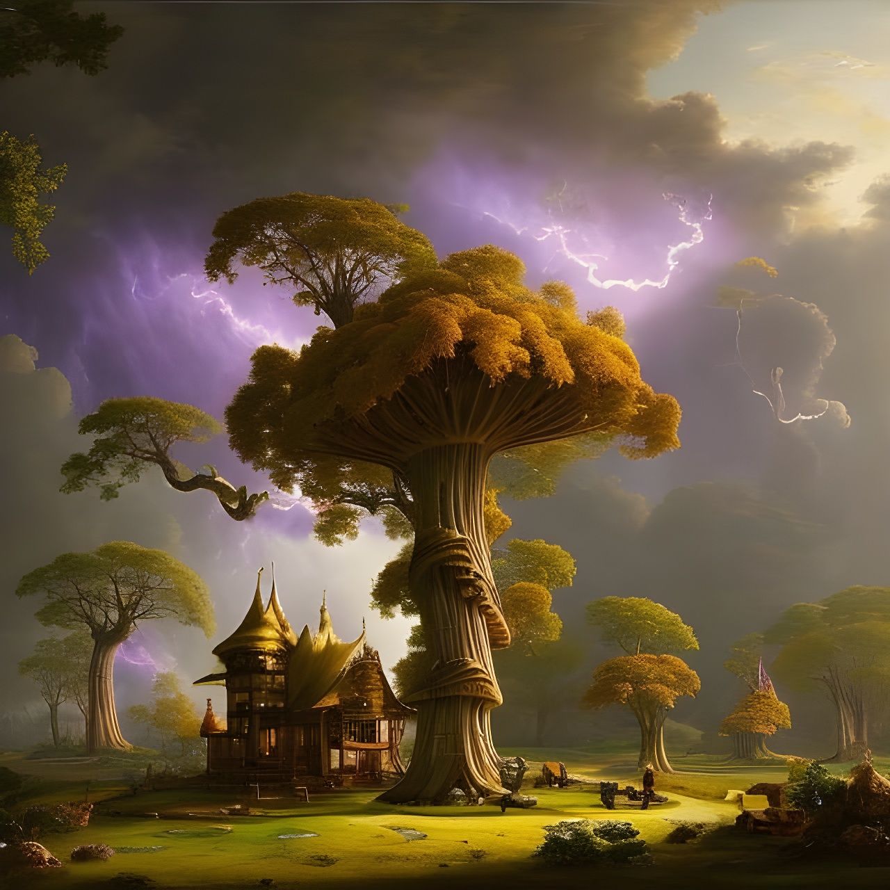 Golden Treehouse Castles in Psychedelic Mushroom Forest