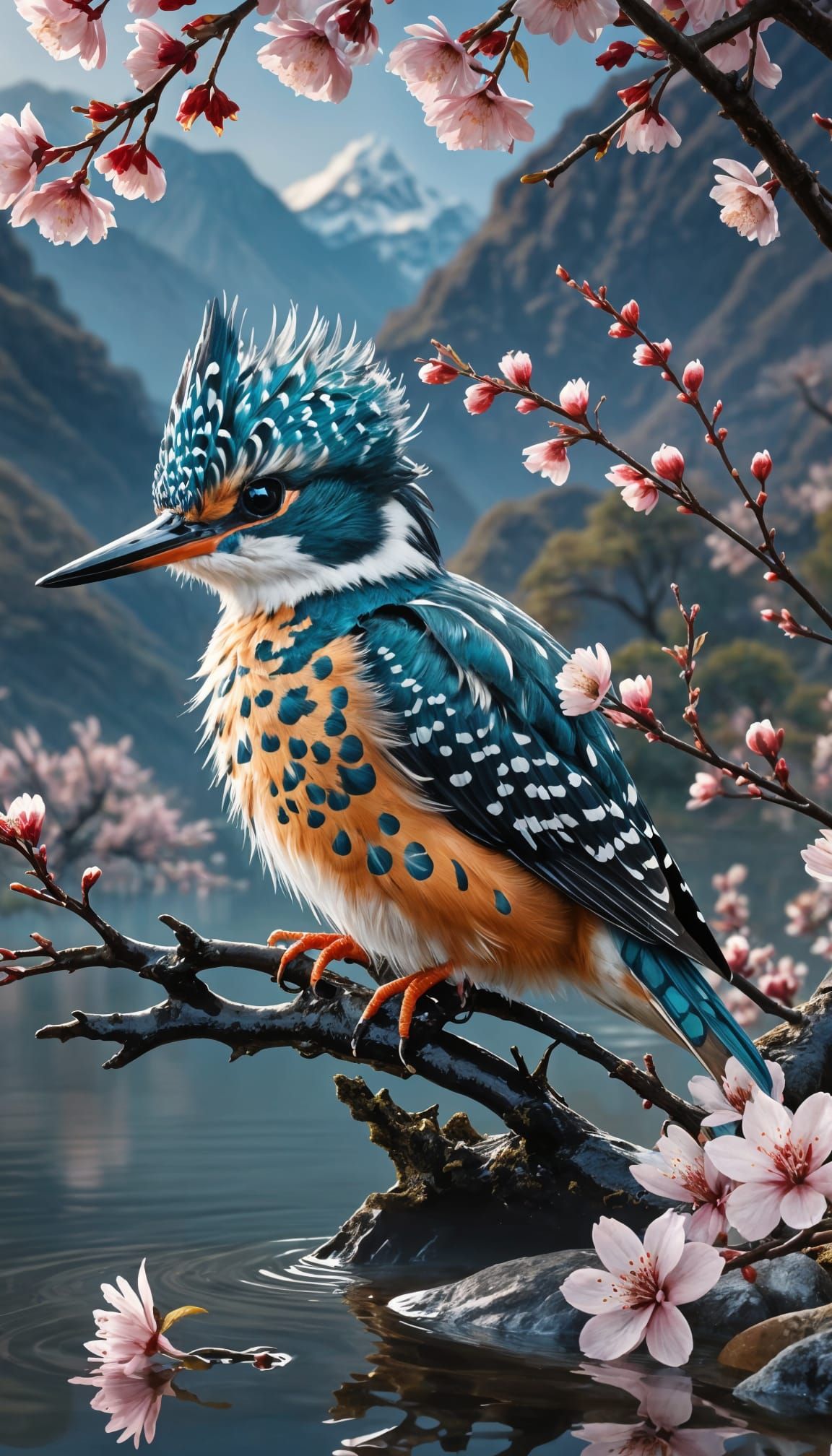 Kingfisher Silhouette with Cherry Blossom Reflections